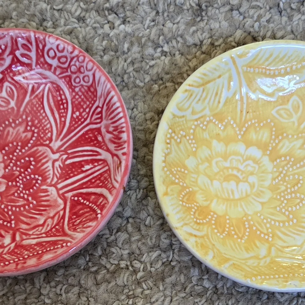 William Sonoma Two Embossed Floral Ceramic Yellow/Red Trinket Tray/Mini Plates